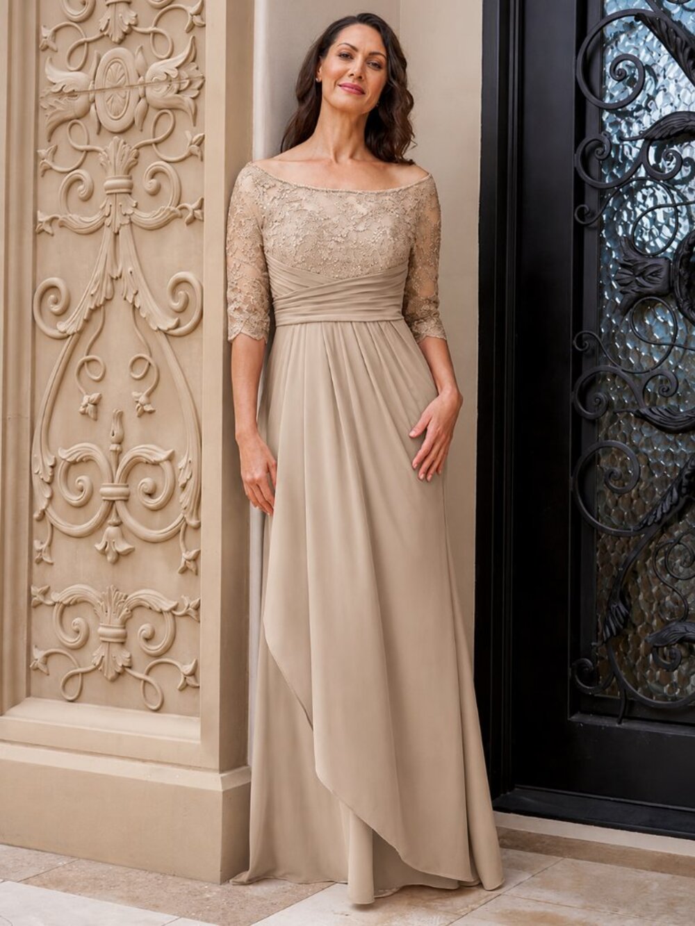 Jade Couture Long Champagne Mother of Bride/Groom Dress Beaded Lace Sleeves